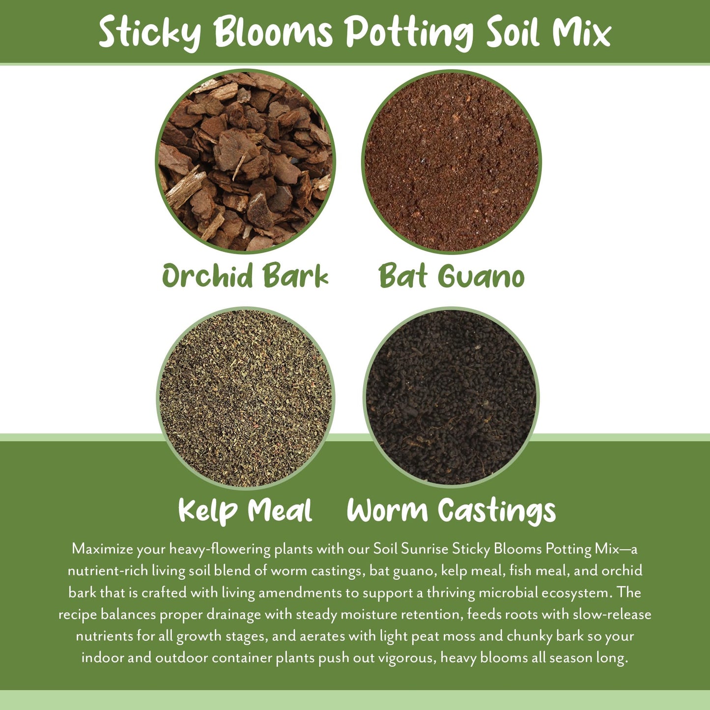 Soil Sunrise Sticky Blooms Organic Potting Mix – Nutrient-Rich Blend with Bat Guano, Kelp & Worm Castings – Premium Soil for Flowering Plants – 8 Quarts